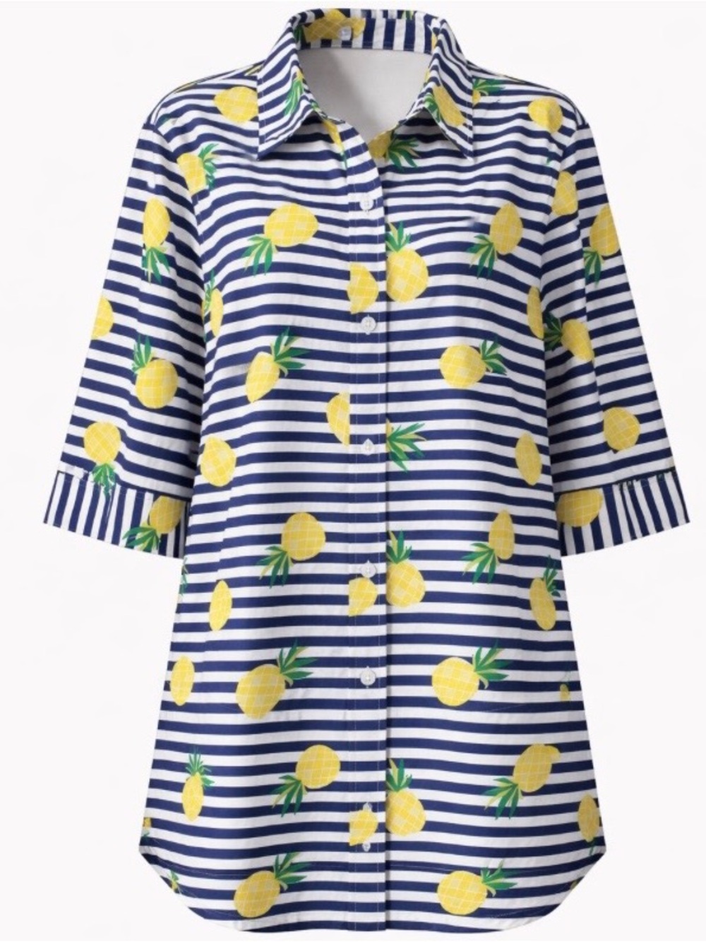 Blair Size XL Button Up Top Shirt Tunic Navy White Stripes Pineapples Tropical
